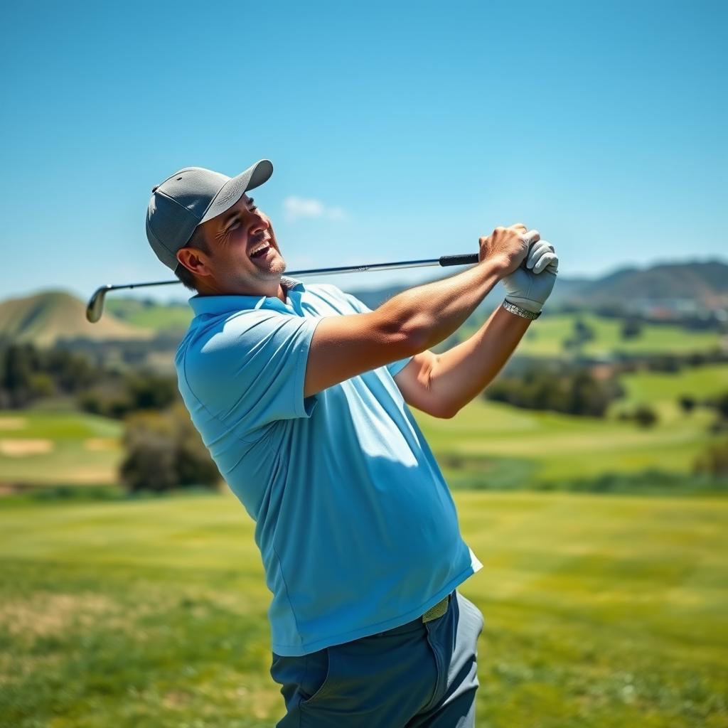 A 48-year-old man with a normal physique, sporting short dark hair and a round shaved face, is playing golf on an exquisite golf course