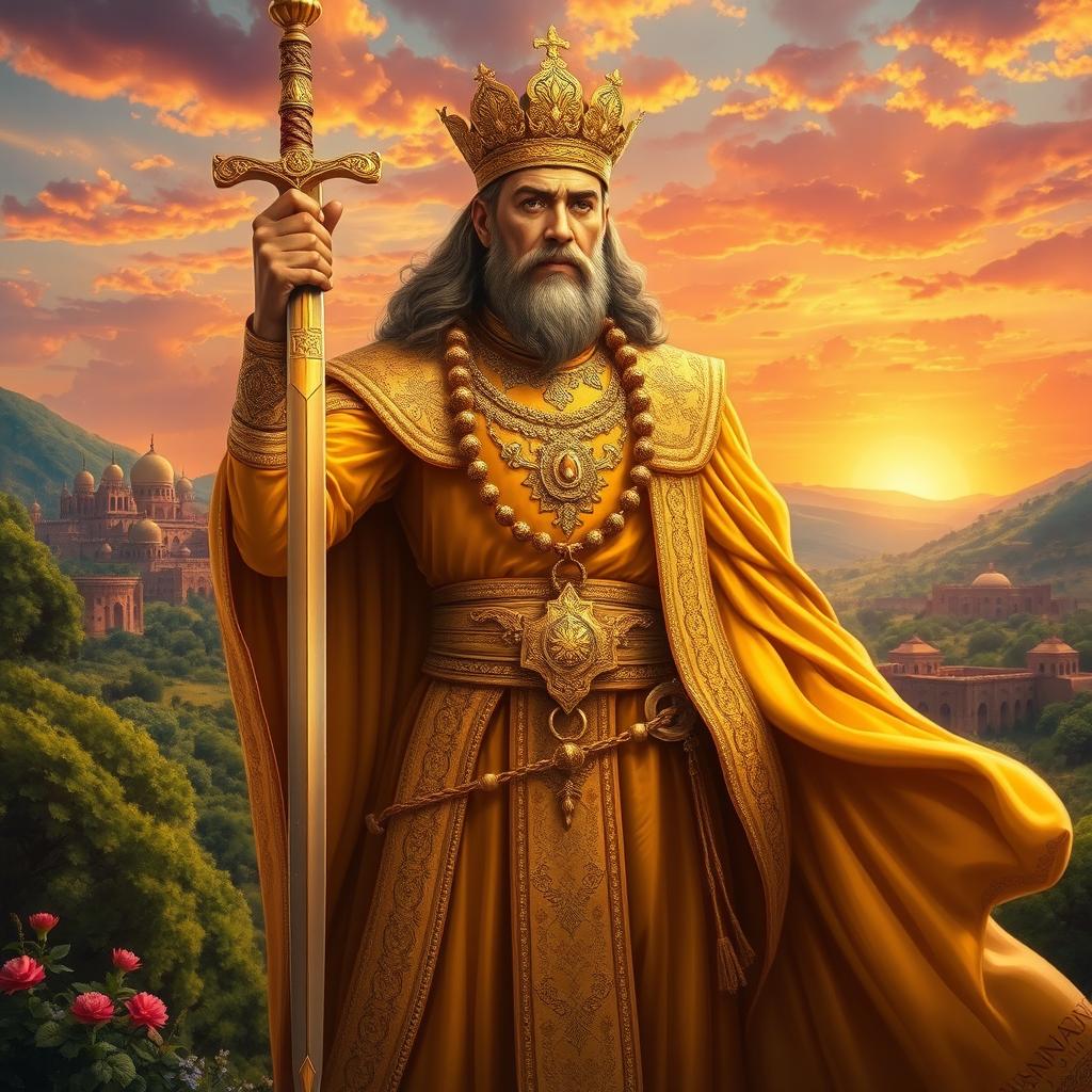 A majestic portrayal of Kay Khosrow, the legendary king of Iran from the Kayanian dynasty, standing regally in a lush Persian landscape