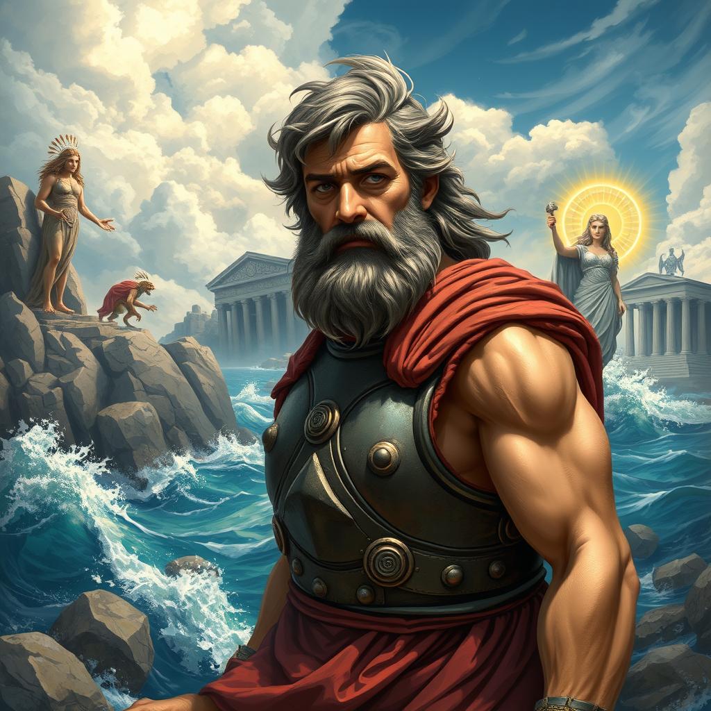 An epic depiction of Odysseus's journey from Troy to Ithaca, showcasing key moments from Greek mythology