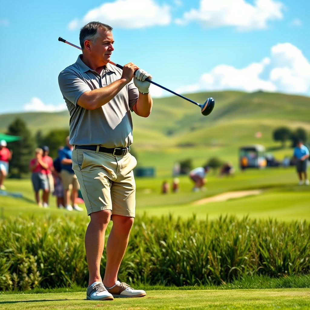 A 48-year-old man with a normal figure, short dark hair, and a round shaved face, playing golf on a beautiful sunny day