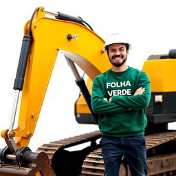 A golden and black crawler excavator with an operator wearing a white helmet and a green sweater