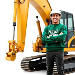 A golden and black crawler excavator with an operator wearing a white helmet and a green sweater