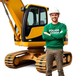 A golden and black crawler excavator with an operator wearing a white helmet and a green sweater