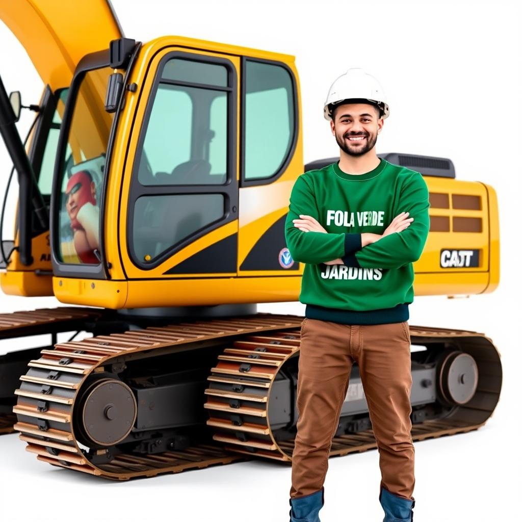 A golden and black crawler excavator with an operator wearing a white helmet and a green sweater