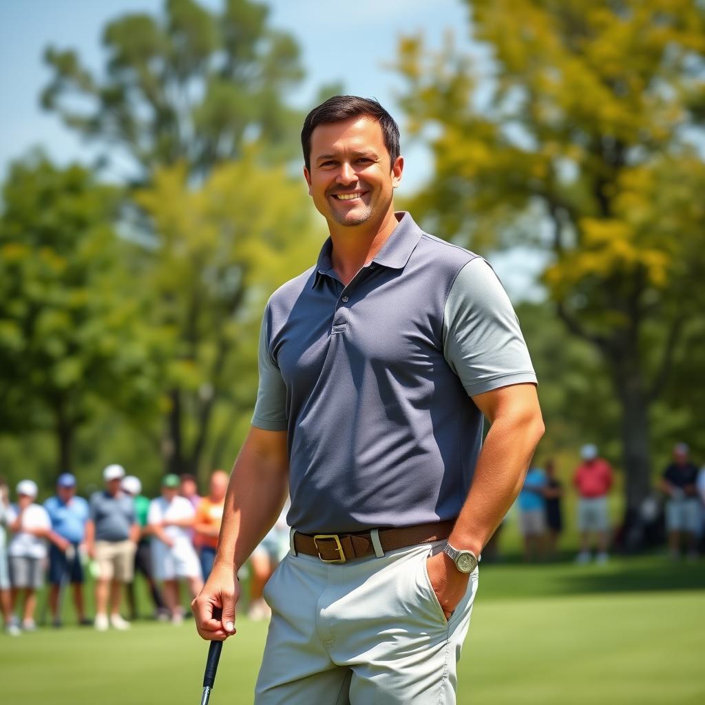 A 48-year-old man with a normal build, short dark hair, and a round shaved face, enjoying a sunny day at a golf tournament