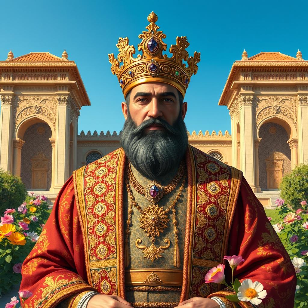 A grand and majestic portrayal of Kay Khosrow, the legendary king of Iran from the Kayanian dynasty as depicted in Shahnameh