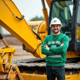 A golden and black crawler excavator, with an operator wearing a white helmet and a green sweater featuring the text 'FOLHA VERDE JARDINS' on the chest