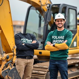A golden and black crawler excavator, with an operator wearing a white helmet and a green sweater featuring the text 'FOLHA VERDE JARDINS' on the chest