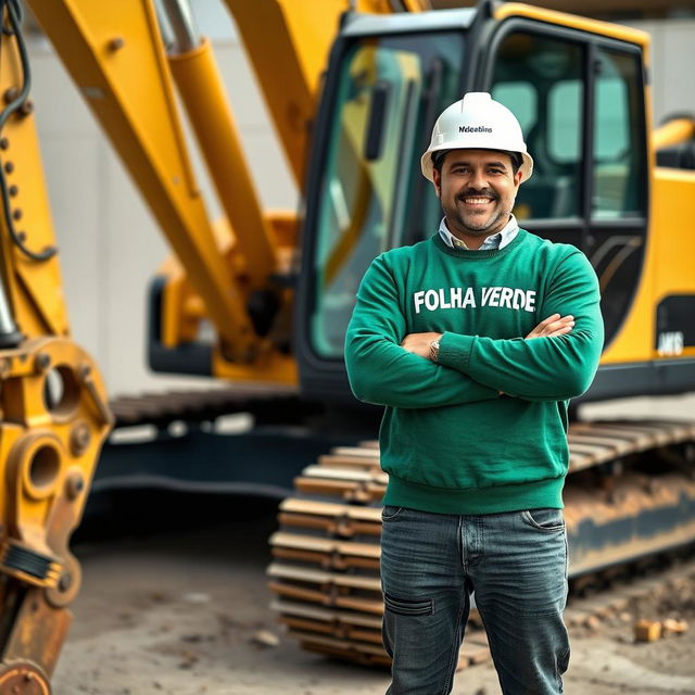 A golden and black crawler excavator, with an operator wearing a white helmet and a green sweater featuring the text 'FOLHA VERDE JARDINS' on the chest