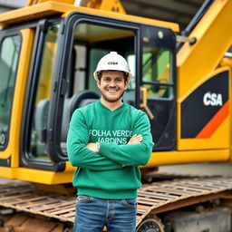 A golden and black crawler excavator, with an operator wearing a white helmet and a green sweater featuring the text 'FOLHA VERDE JARDINS' on the chest