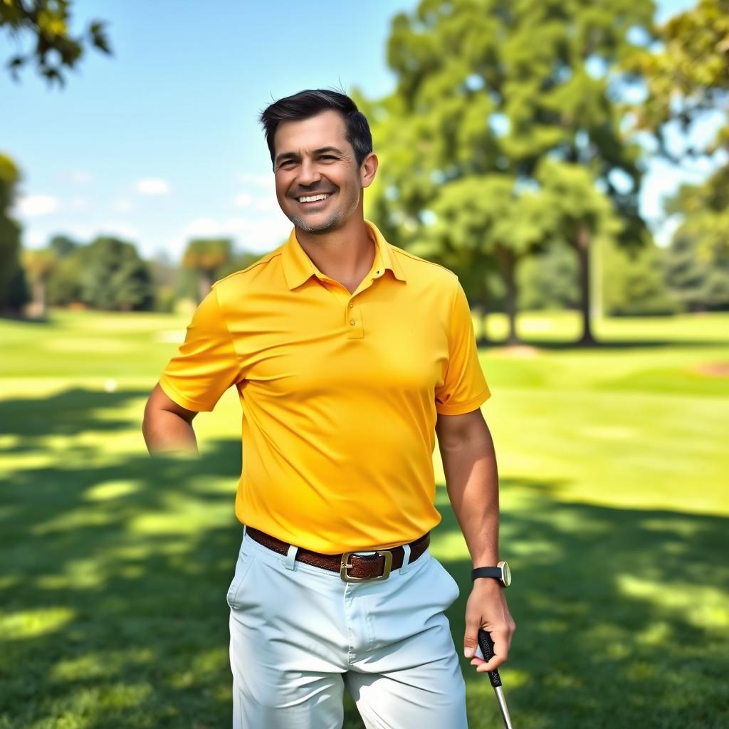 A 48-year-old man with a normal build, short dark hair, and a round shaved face is enjoying a golf tournament