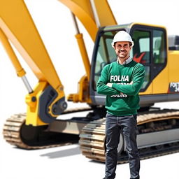 A golden and black crawler excavator with an operator wearing a white helmet and a green sweater featuring the text 'FOLHA VERDE JARDINS' on the chest