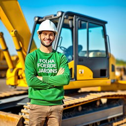 A golden and black crawler excavator with an operator wearing a white helmet and a green sweater featuring the text 'FOLHA VERDE JARDINS' on the chest
