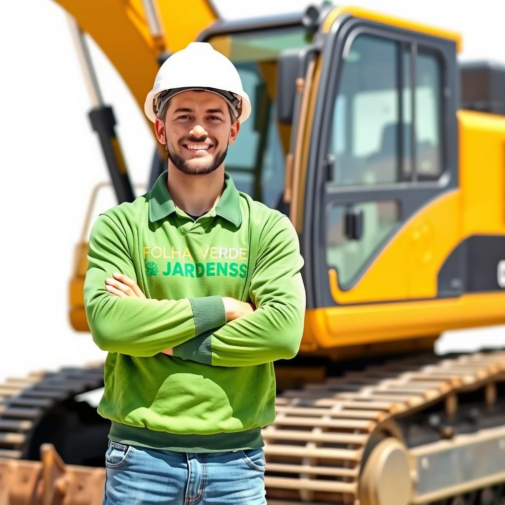 A golden and black crawler excavator with an operator wearing a white helmet and a green sweater featuring the text 'FOLHA VERDE JARDINS' on the chest