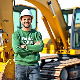 A golden and black crawler excavator with an operator wearing a white helmet and a green sweater featuring the text 'FOLHA VERDE JARDINS' on the chest