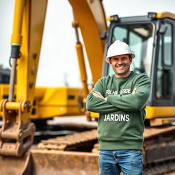 A golden and black crawler excavator featuring an operator wearing a white helmet and a green sweater that says 'FOLHA VERDE JARDINS' across the chest