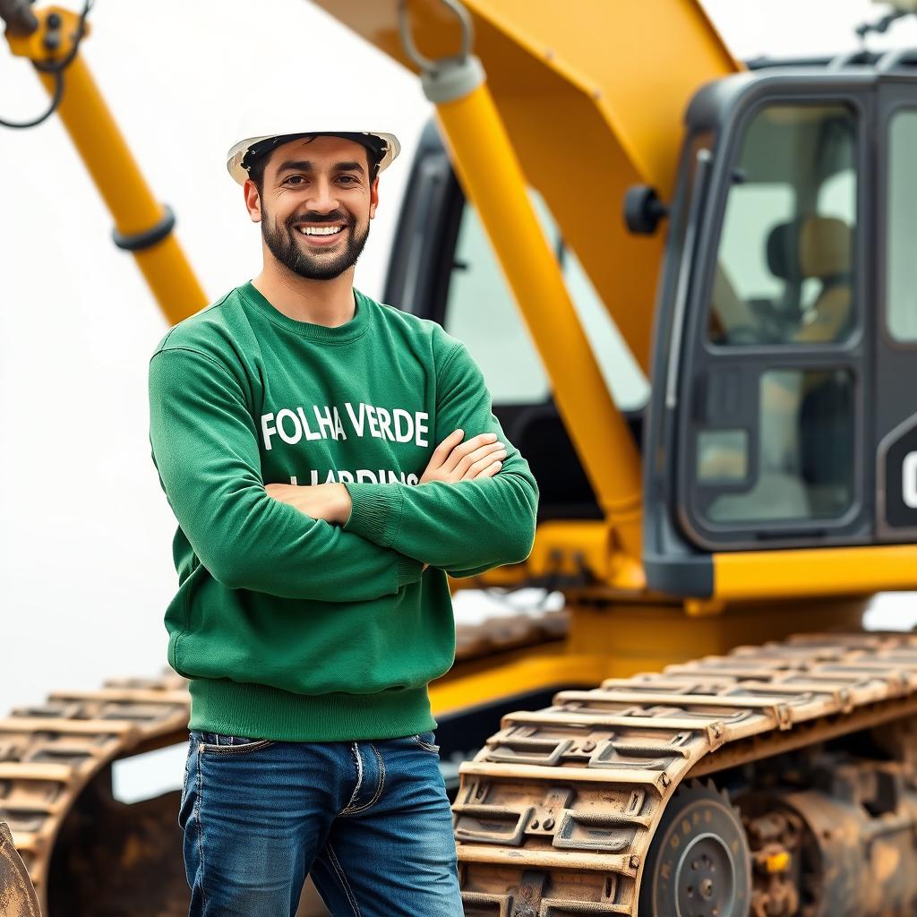 A golden and black crawler excavator featuring an operator wearing a white helmet and a green sweater that says 'FOLHA VERDE JARDINS' across the chest