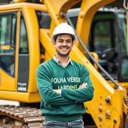 A golden and black crawler excavator featuring an operator wearing a white helmet and a green sweater that says 'FOLHA VERDE JARDINS' across the chest