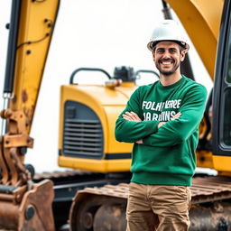 A golden and black crawler excavator featuring an operator wearing a white helmet and a green sweater that says 'FOLHA VERDE JARDINS' across the chest