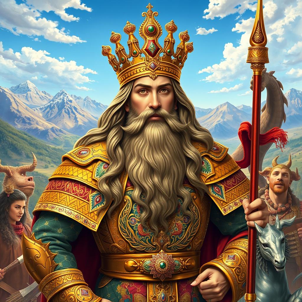 A majestic representation of Kai-Kaus, the mythological king of Greater Iran, as featured in the Shāhnāmeh