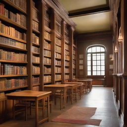 A traditional school library filled with rows of old wooden bookshelves, filled with an array of colorful books. A cozy reading area is set up, with comfortable chairs and warm lighting.