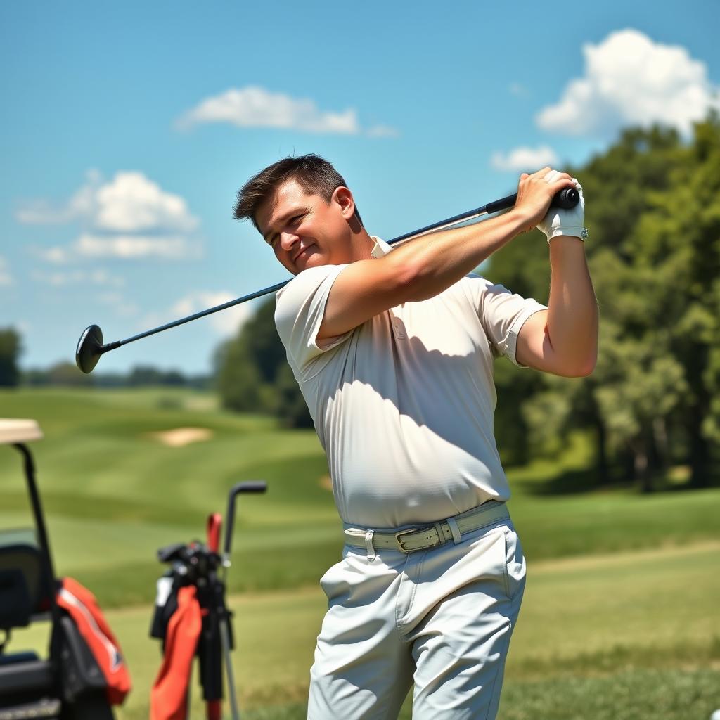 A 48-year-old man with a normal physique, short dark hair, and a round shaved face, enjoying a sunny day on a golf course