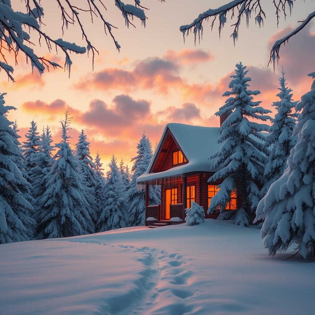 A serene winter landscape featuring a cozy cabin nestled among snow-covered pine trees