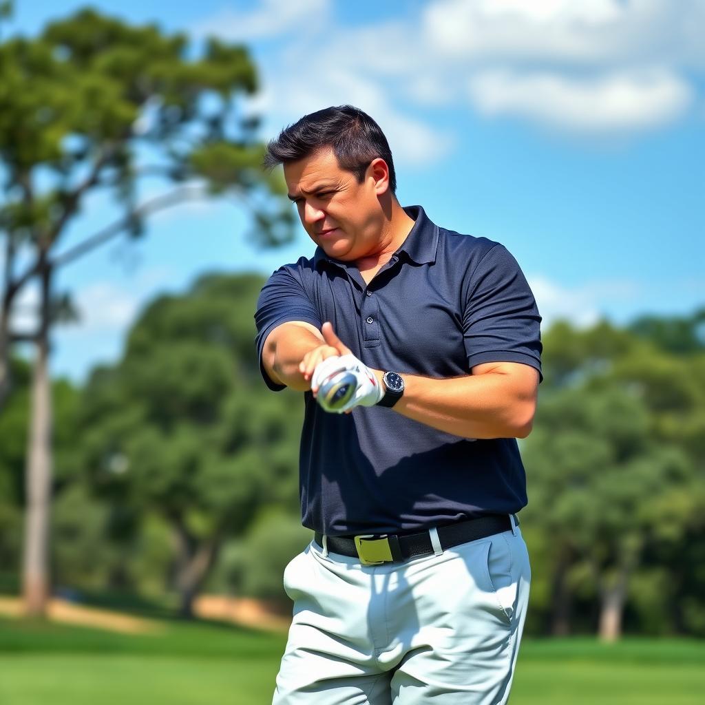 A 48-year-old man with a normal figure, short dark hair, and a round shaved face, focused intently as he plays golf