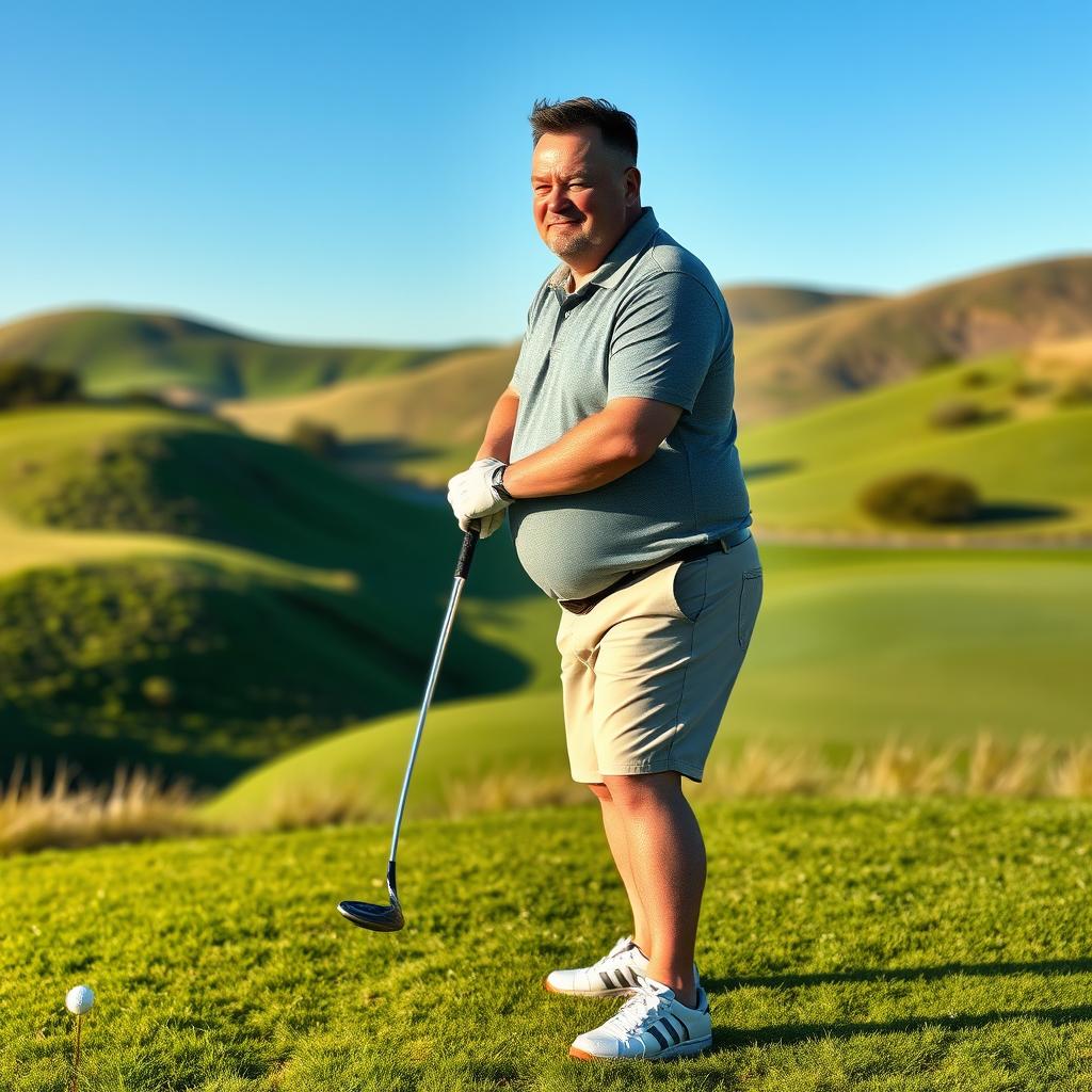 A 48-year-old man with a normal figure, short dark hair, and a round shaved face, standing on a lush green golf course
