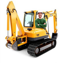 A complete golden and black tracked backhoe excavator, with an operator wearing a white helmet and a green sweater