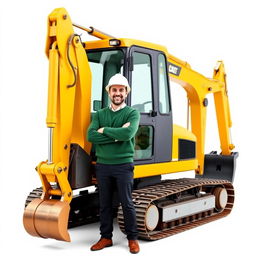 A complete golden and black tracked backhoe excavator, with an operator wearing a white helmet and a green sweater