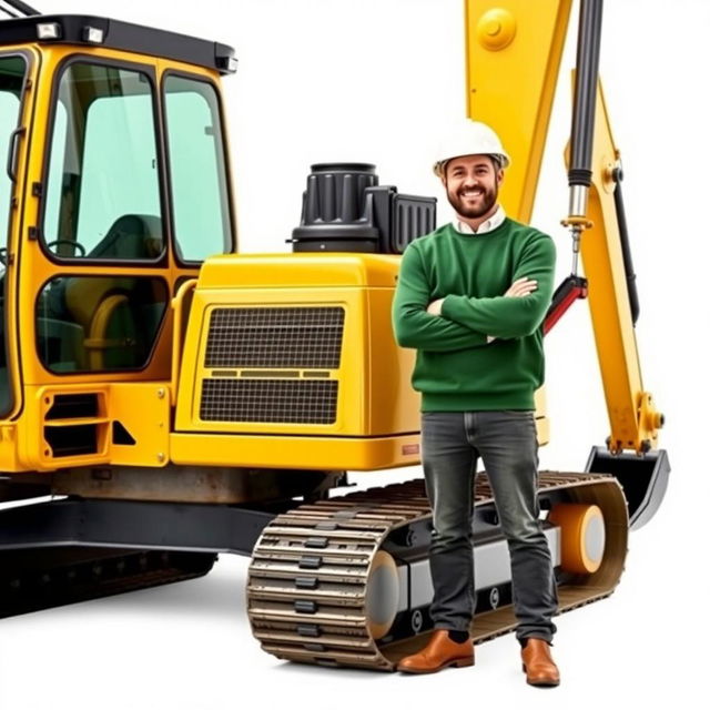 A complete golden and black tracked backhoe excavator, with an operator wearing a white helmet and a green sweater