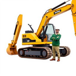 A complete golden and black tracked backhoe excavator, with an operator wearing a white helmet and a green sweater