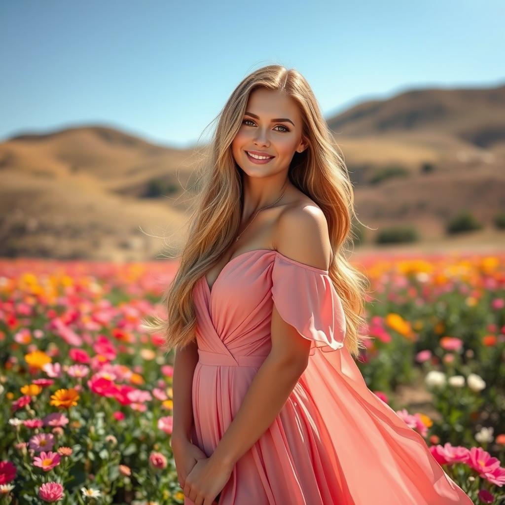 A stunningly beautiful woman with long flowing hair, wearing an elegant flowing dress that highlights her figure