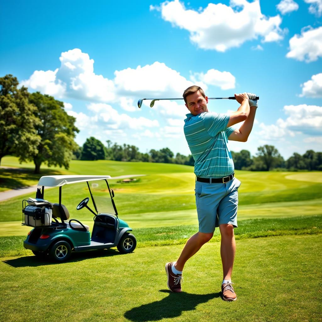 A 48-year-old man with a normal figure, short dark hair, and a round shaved face, enjoying a sunny day on the golf course while playing golf