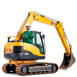 A golden and black tracked backhoe excavator with an operator wearing a white helmet and a green sweater, standing next to the machine with arms crossed and a cheerful smile