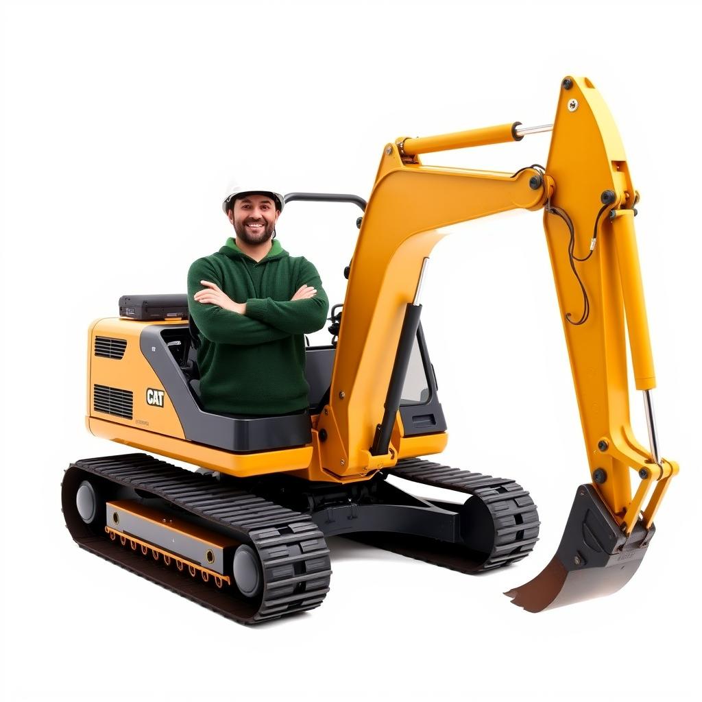 A golden and black tracked backhoe excavator with an operator wearing a white helmet and a green sweater, standing next to the machine with arms crossed and a cheerful smile
