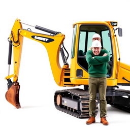 A golden and black tracked backhoe excavator with an operator wearing a white helmet and a green sweater, standing next to the machine with arms crossed and a cheerful smile