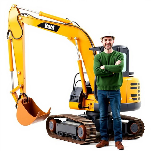 A golden and black tracked backhoe excavator with an operator wearing a white helmet and a green sweater, standing next to the machine with arms crossed and a cheerful smile