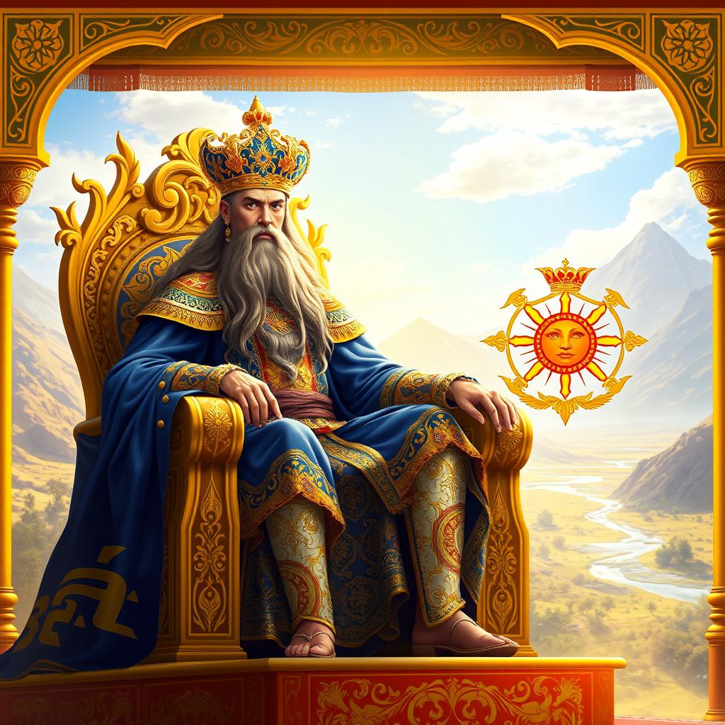 A majestic and regal depiction of Kai-Kavus, the mythological king of Greater Iran from the Shāhnāmeh