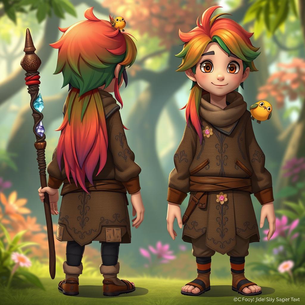 A character design for a sandbox video game inspired by Studio Ghibli, presented with both rear and front views