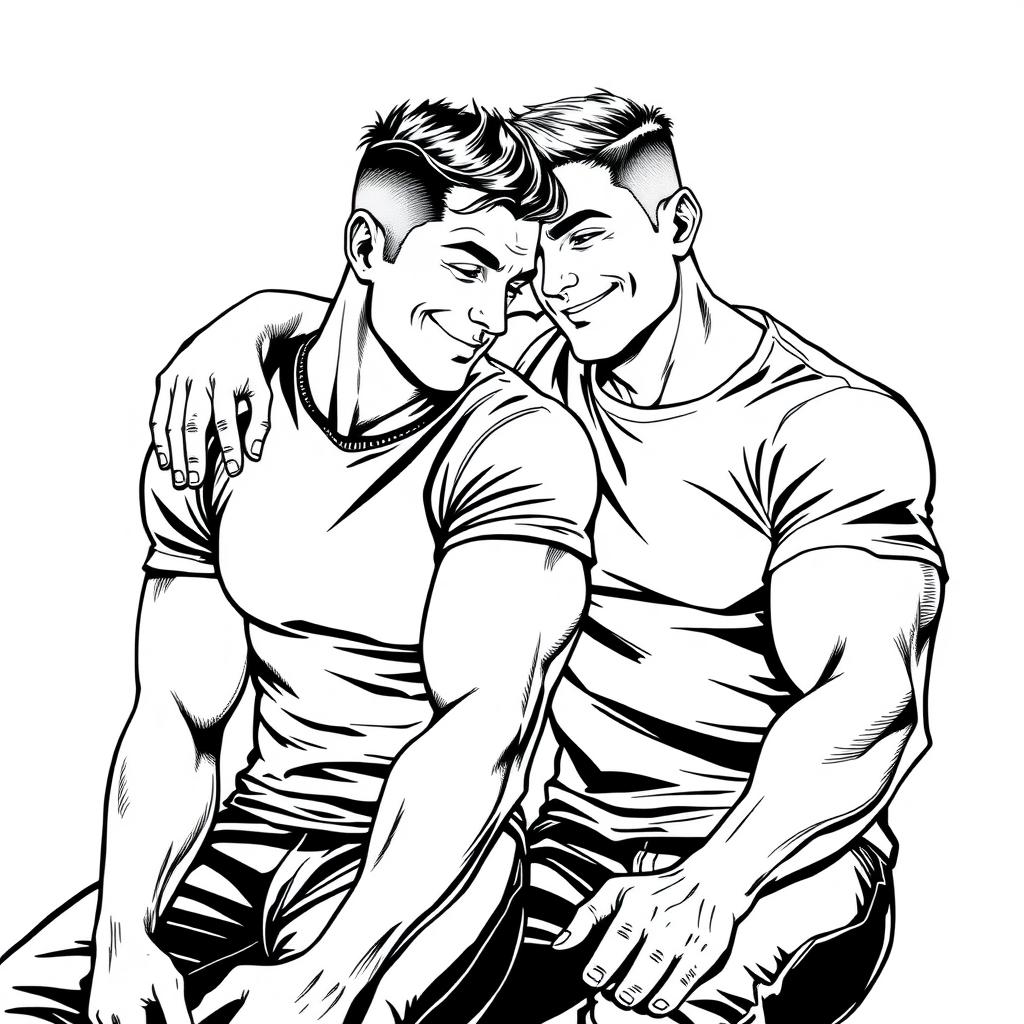 A black and white ink-style illustration of two muscular men sitting closely together, embracing each other in an intimate and affectionate pose
