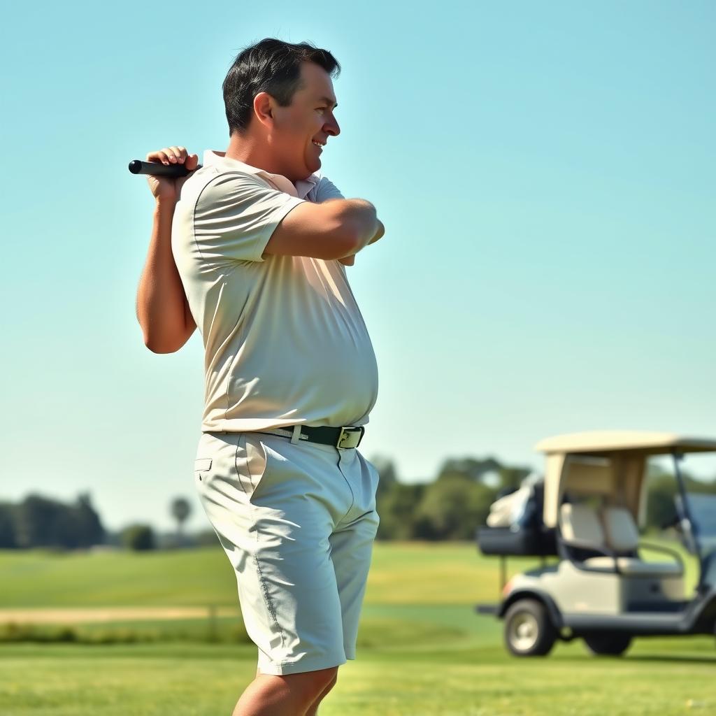 A 48-year-old man with a normal figure, short dark hair, and a round shaved face, is engaged in an active game of golf