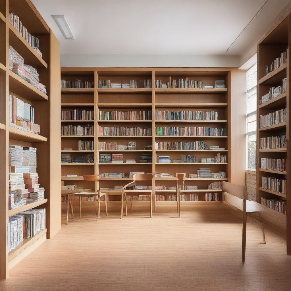 A minimalist school library featuring neatly organized bookshelves full of books, plain comfortable seating, a single large desk for the librarian, and a quiet atmosphere.