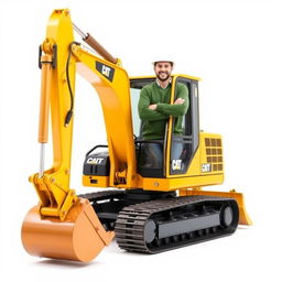 A golden and black tracked backhoe excavator with an operator wearing a white helmet and a green sweater, standing confidently next to the machine with arms crossed and a bright smile