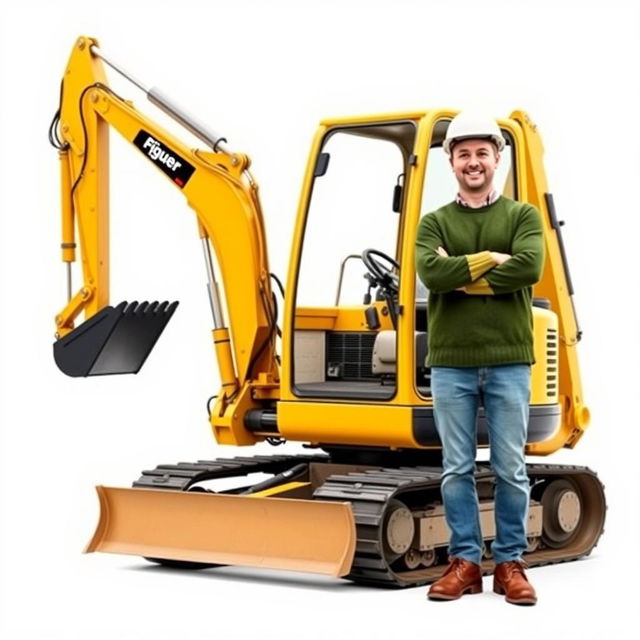 A golden and black tracked backhoe excavator with an operator wearing a white helmet and a green sweater, standing confidently next to the machine with arms crossed and a bright smile