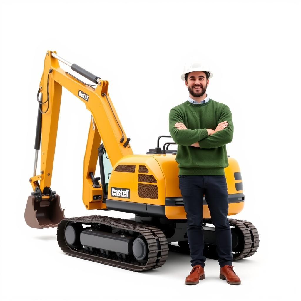 A golden and black tracked backhoe excavator with an operator wearing a white helmet and a green sweater, standing confidently next to the machine with arms crossed and a bright smile