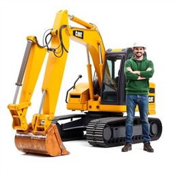 A golden and black tracked backhoe excavator with an operator wearing a white helmet and a green sweater, standing confidently next to the machine with arms crossed and a bright smile