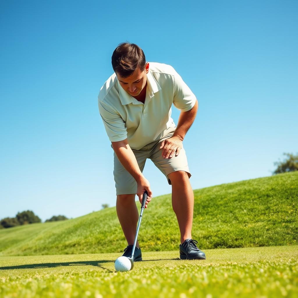 A 48-year-old man with a normal figure and short dark hair, displaying a round shaved face, is focused on playing golf