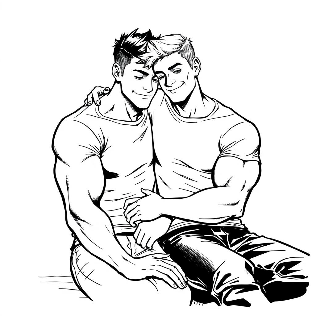 A black and white ink-style illustration of two muscular men sitting closely together, embracing each other in an intimate and affectionate pose